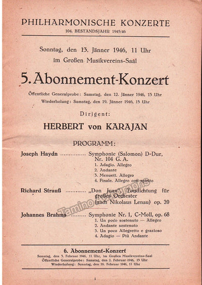 Karajan, Herbert von - Lot of 6 Wiener Philharmoniker Programs 1946-1949