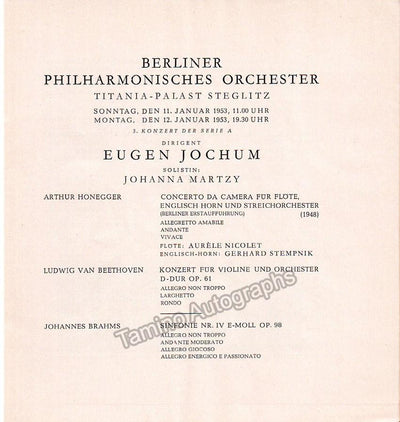 Martzy, Johanna - Berlin Philharmonic Concert Program 1953