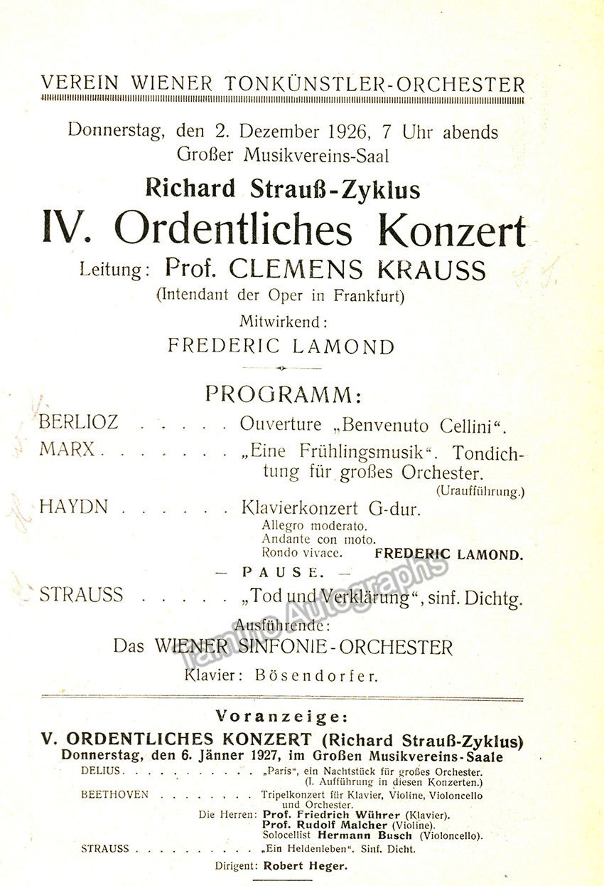 Lamond, Frederic - Krauss, Clemens - Concert Program 1926
