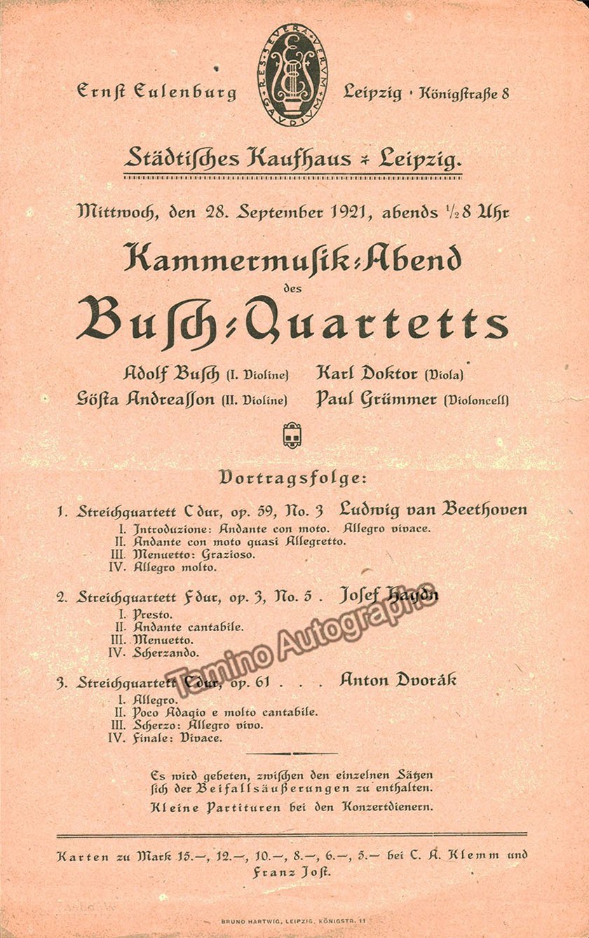 Busch Quartet - Program Leipzig 1921, 1928