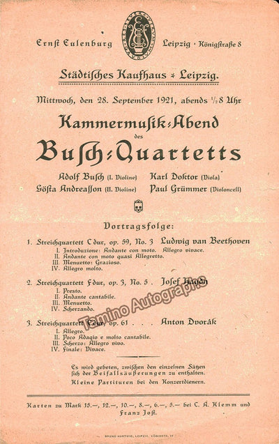 Busch Quartet - Program Leipzig 1921, 1928