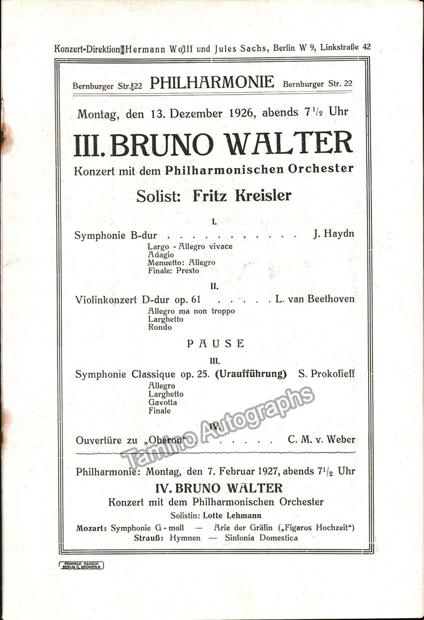 Kreisler, Fritz - Concert Program Berlin 1926 Bruno Walter