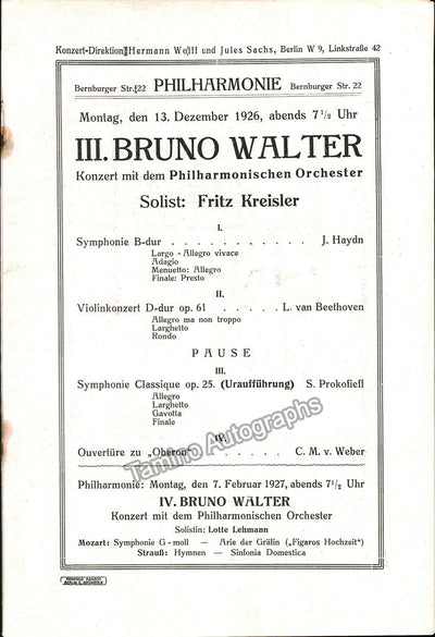 Kreisler, Fritz - Concert Program Berlin 1926 Bruno Walter
