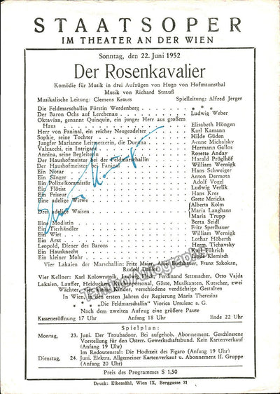 Hongen, Elisabeth - Signed Program Vienna 1952