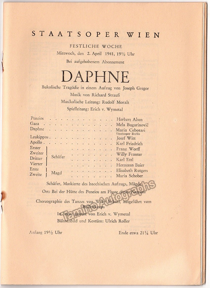 Vienna State Opera - Richard Strauss Program Lot 1940-1944 - Tamino