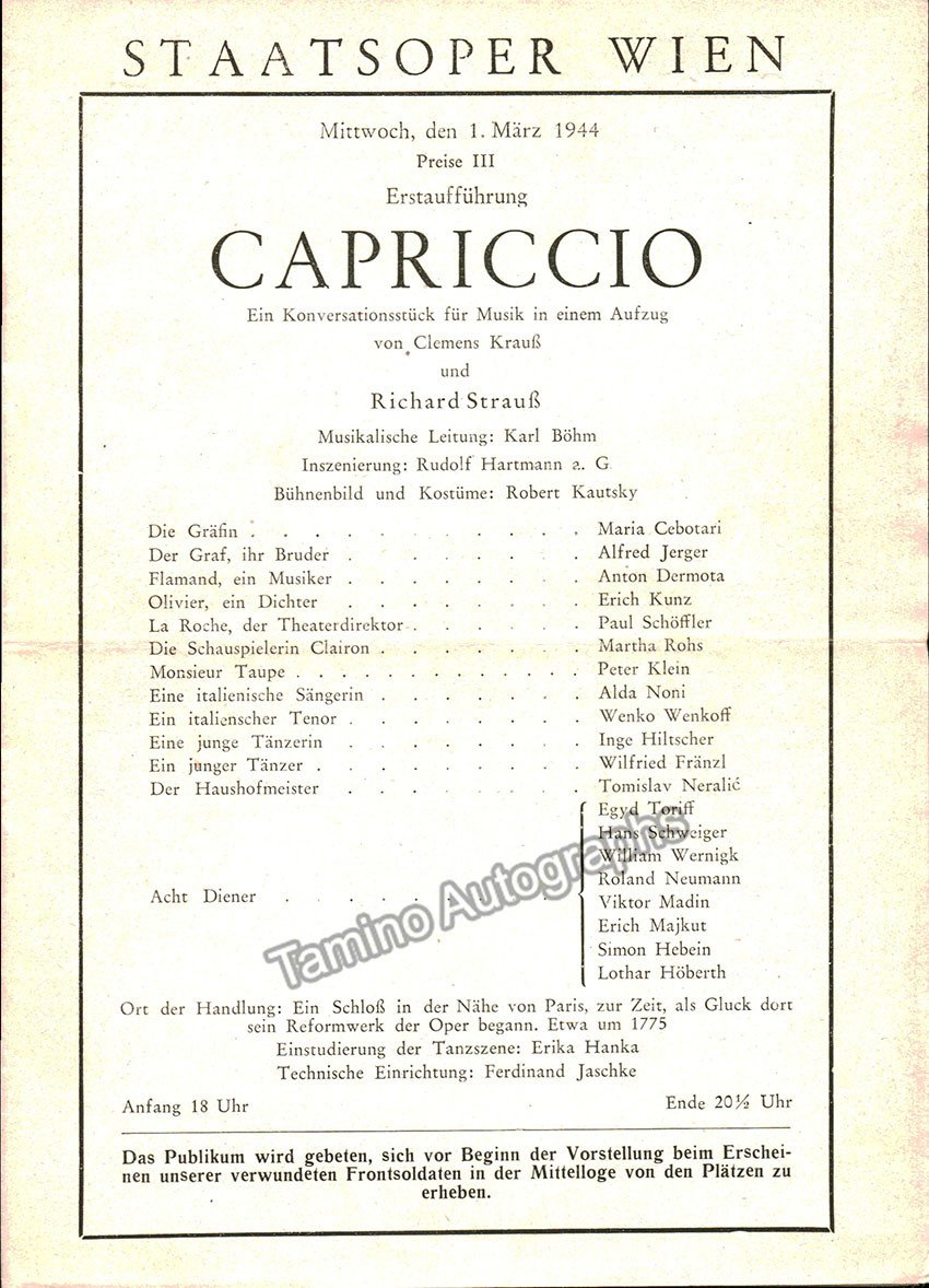 Vienna State Opera - Richard Strauss Program Lot 1940-1944 - Tamino