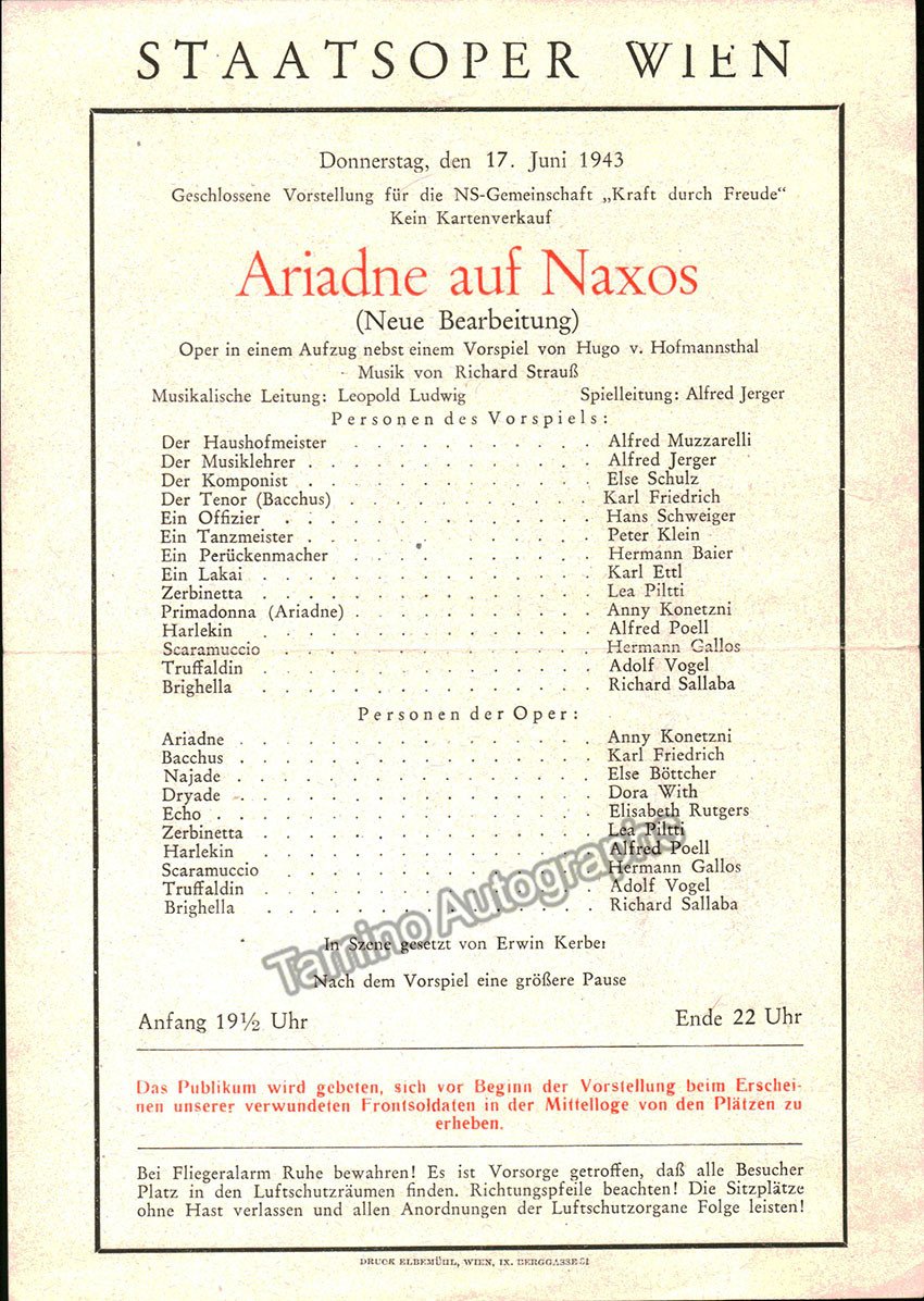 Vienna State Opera - Richard Strauss Program Lot 1940-1944 - Tamino