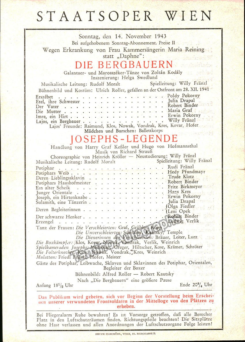 Vienna State Opera - Richard Strauss Program Lot 1940-1944 - Tamino