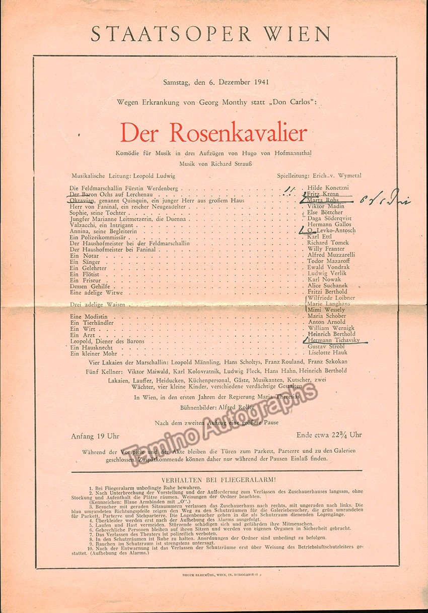 Vienna State Opera - Richard Strauss Program Lot 1940-1944 - Tamino