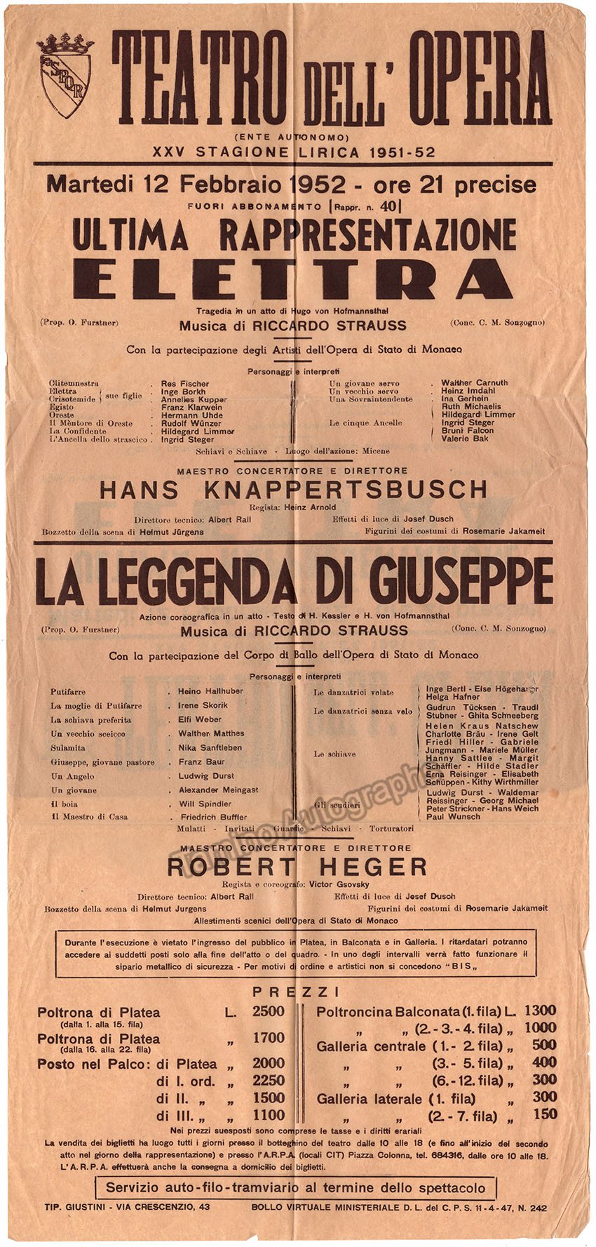 Knappertsbusch, Hans - Heger, Robert - Program Teatro Dell´Opera 1951 - Tamino