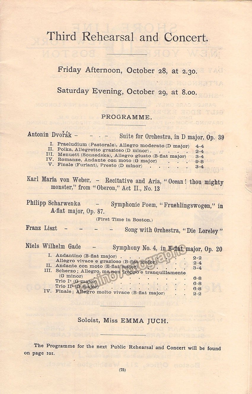 Juch, Emma - Nikisch, Arthur - Boston Symphony Concert Program 1892
