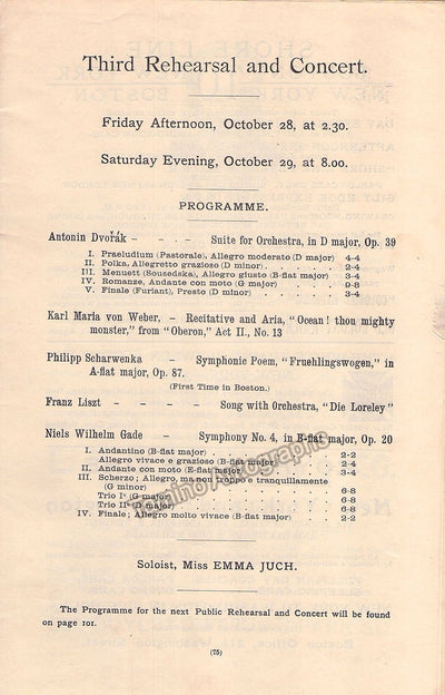 Juch, Emma - Nikisch, Arthur - Boston Symphony Concert Program 1892