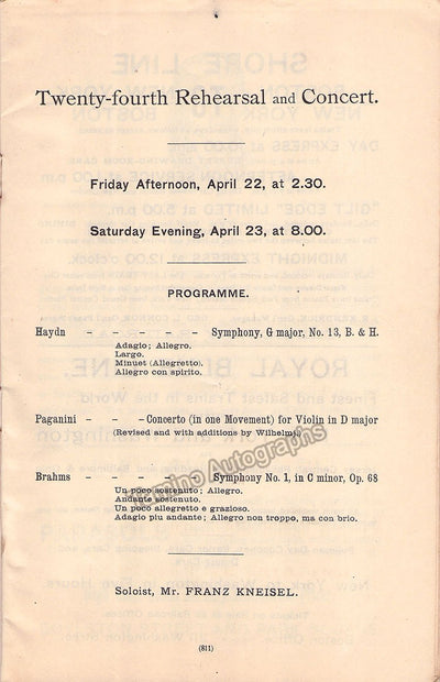 Kneisel, Franz - Nikisch, Arthur - Violin Concert Program 1892