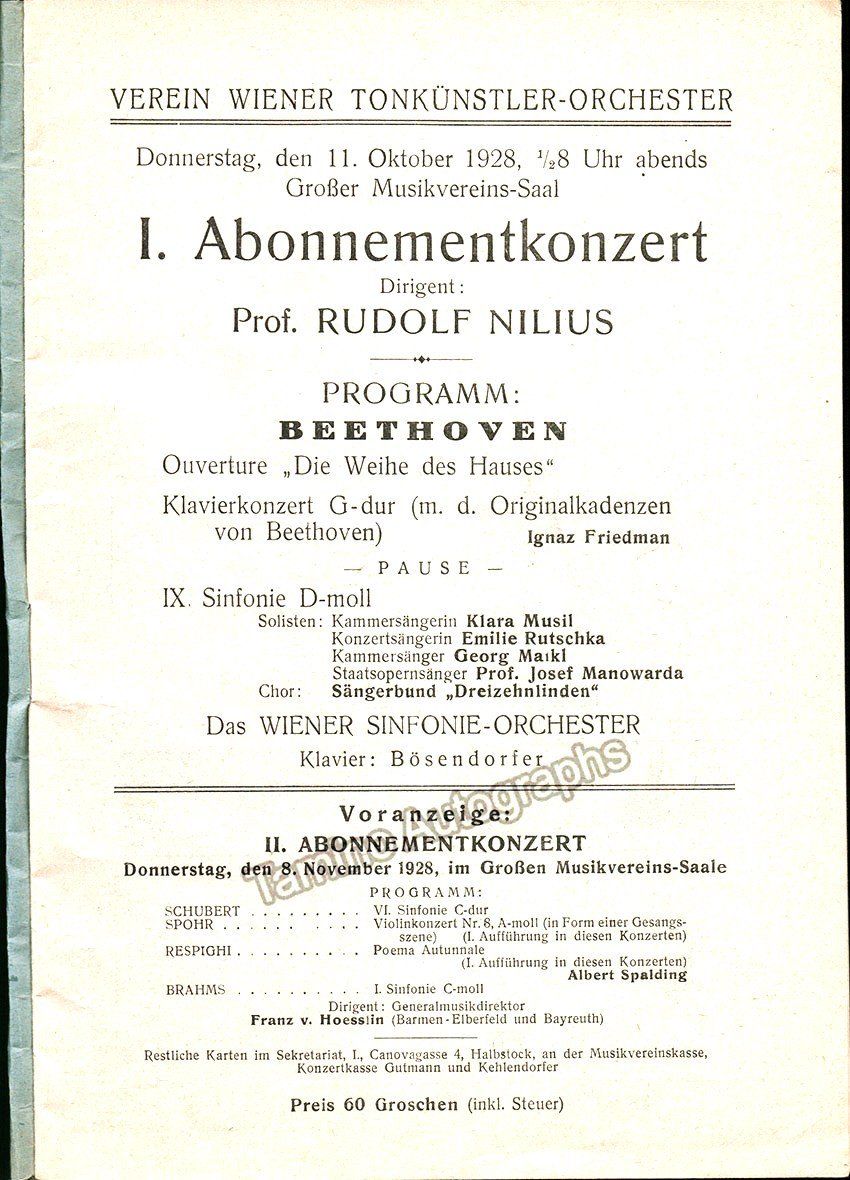 Friedman, Ignaz - Rudolf Nilius - Concert Program 1928