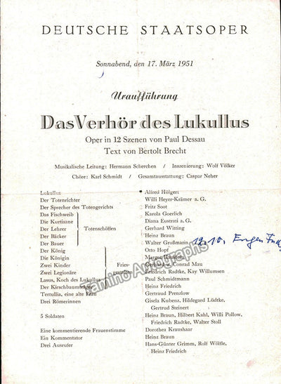 Dessau, Paul - World Premiere Program Das Verhor des Lukullus 1951
