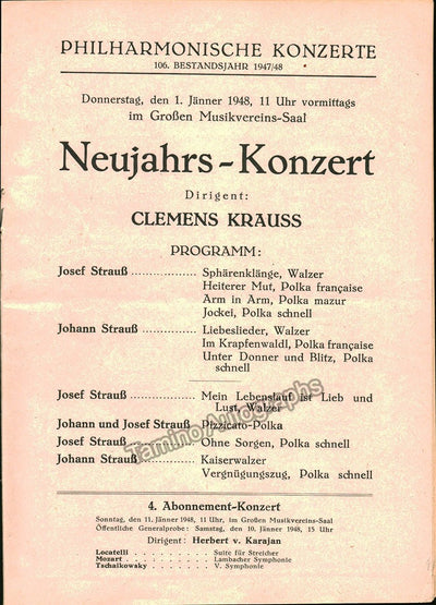 Krauss, Clemens - New Year´s Concert - Vienna Philharmonic Orchestra Program 1948