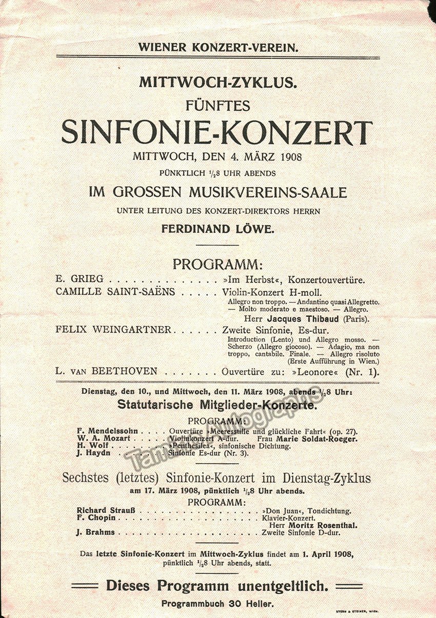 Thibaud, Jacques - Program Vienna 1908 with Ferdinand Loewe - Tamino