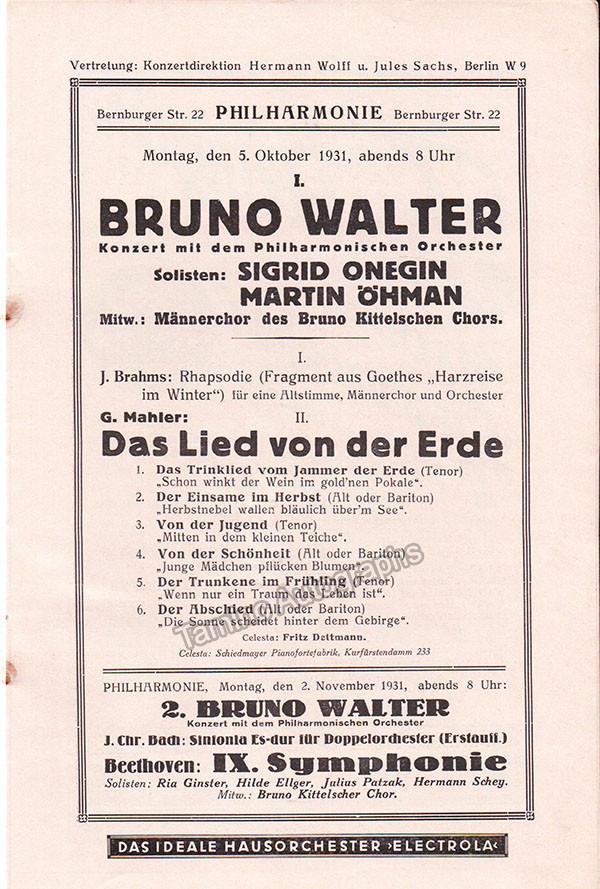 Walter, Bruno - Berlin Philharmonic Orchestra Program 1931 – Tamino