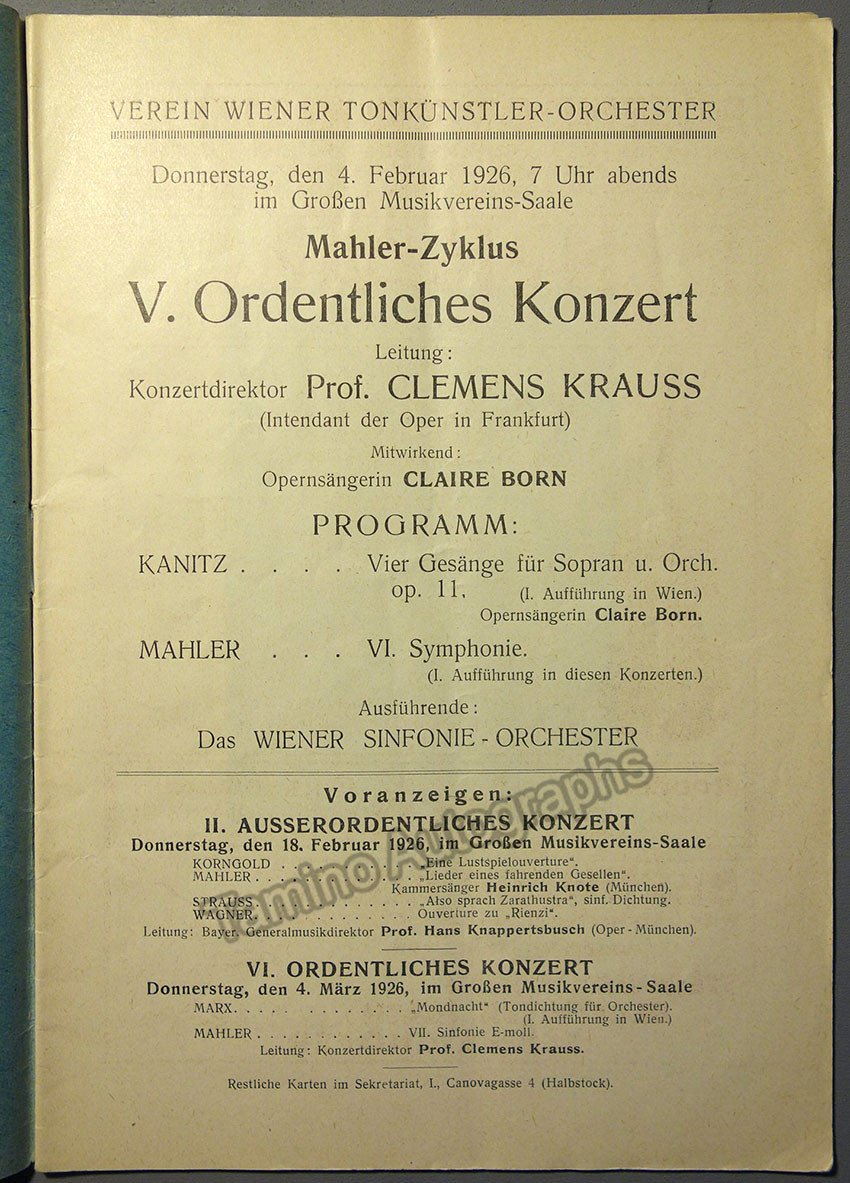 Krauss, Clemens - Set of 5 Mahler Programs 1924-1926