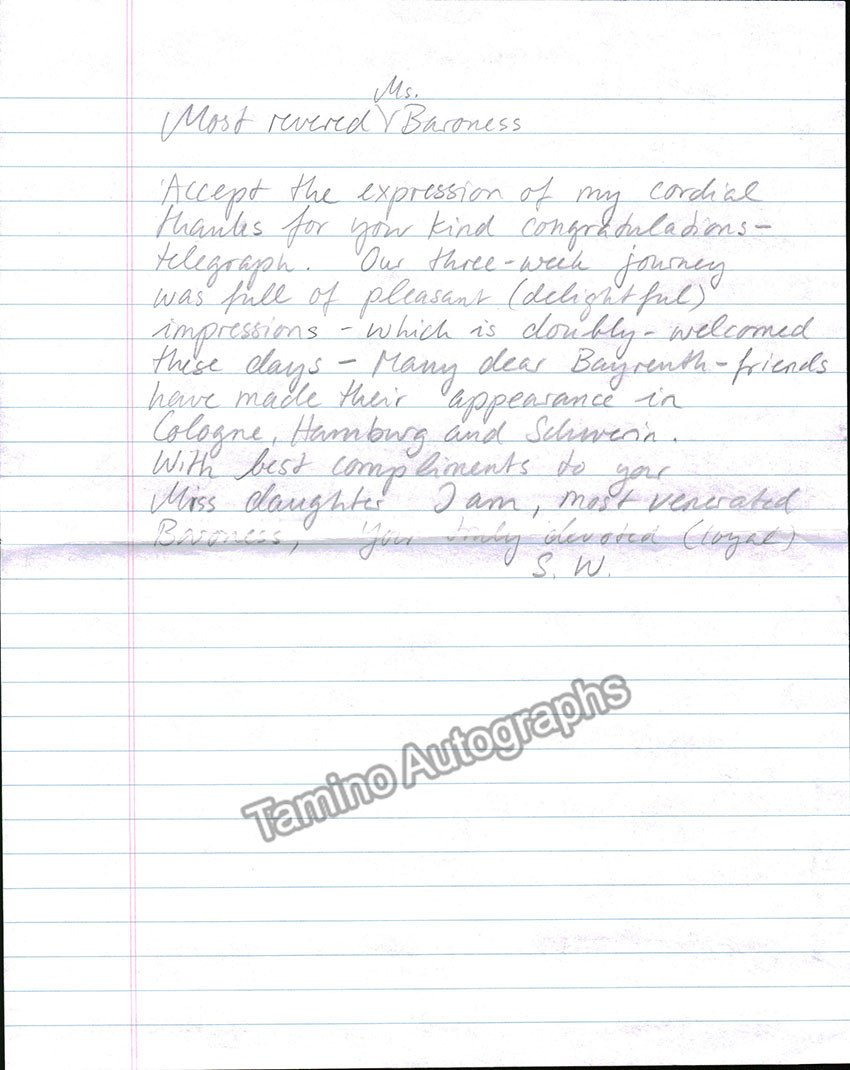 Wagner, Siegfried - Autograph Note Signed 1919 - Tamino