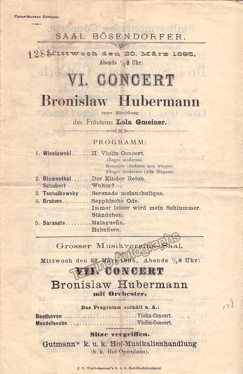 Huberman, Bronislaw - Concert Program Vienna 1895 and clip