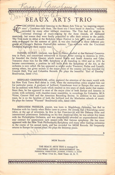 Beaux Arts Trio - Signed Program New York 1956-1957