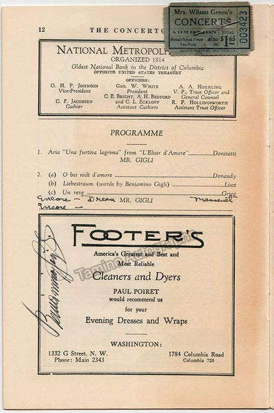 Gigli, Beniamino - Signed Program Washington 1930