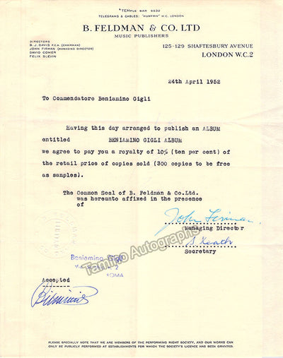 Gigli, Beniamino - Signed Royalty Contract 1952