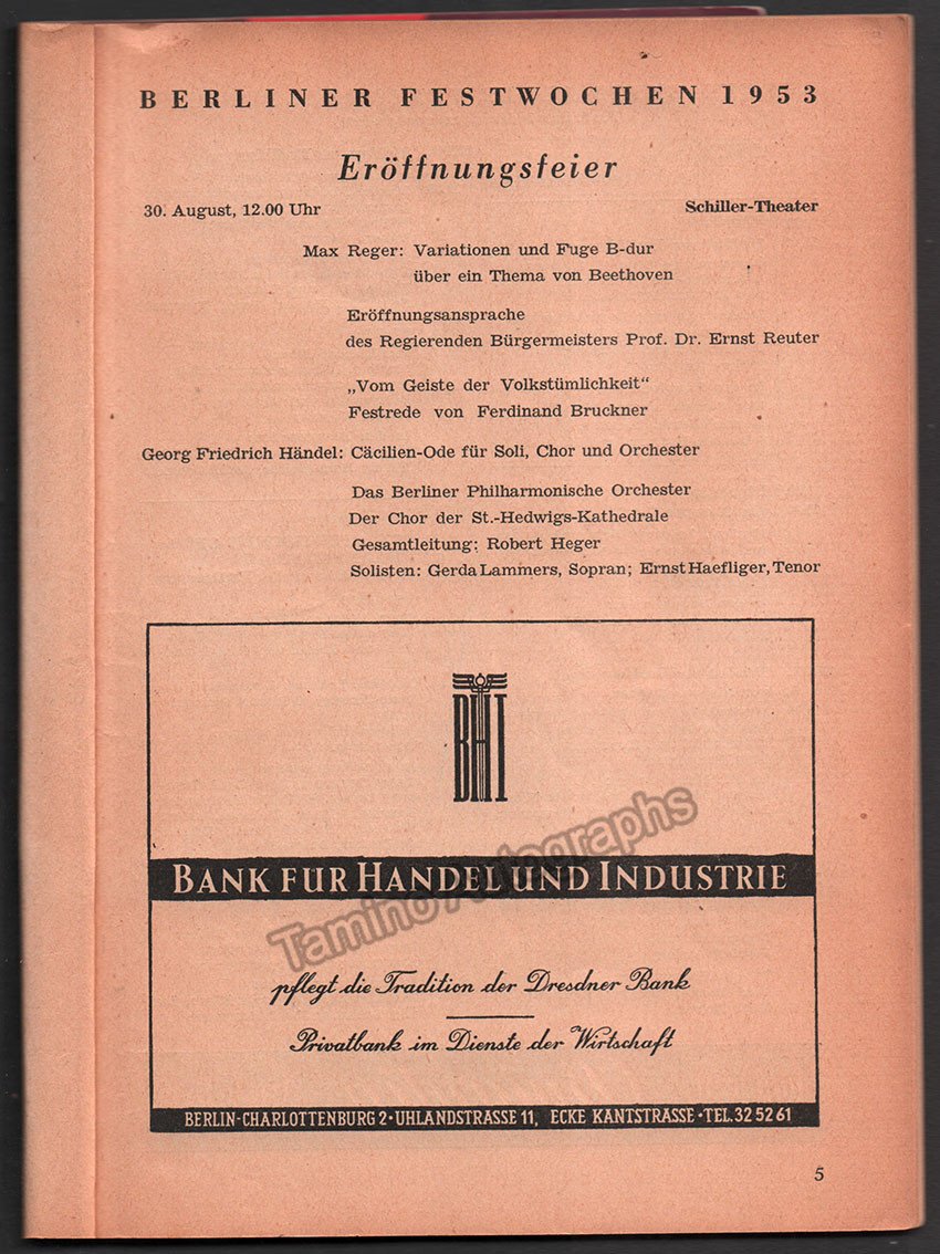 Furtwangler, Wilhelm and others - Berliner Festwochen Program 1953 - Tamino