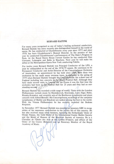 Haitink, Bernard - Signed Program London 1981