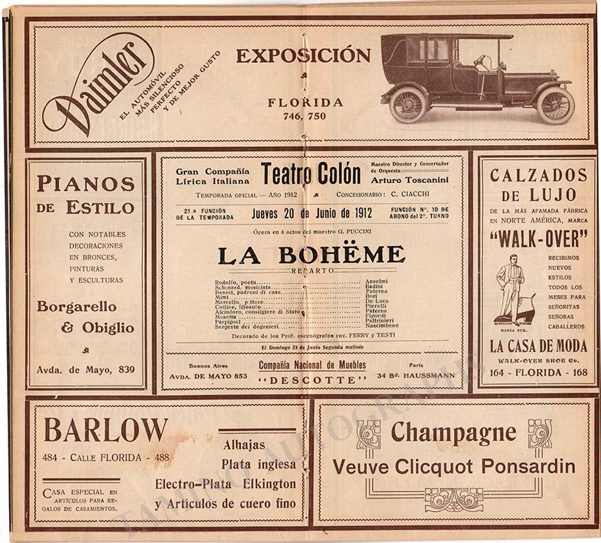 La Boheme - Teatro Colon program 1912 - Lucrezia Bori, Giuseppe Anselmi - Conductor: Arturo Toscanini