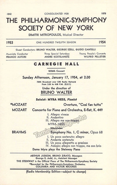Hess, Myra - Concert Program 1954 - Bruno Walter