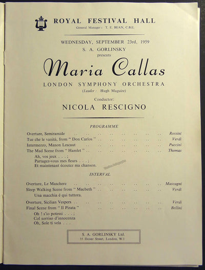 Callas, Maria - Program Recital London 1959