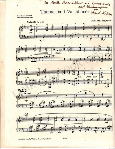 Nielsen, Carl - Signed Score "Thema and Variations for Piano Op.40"