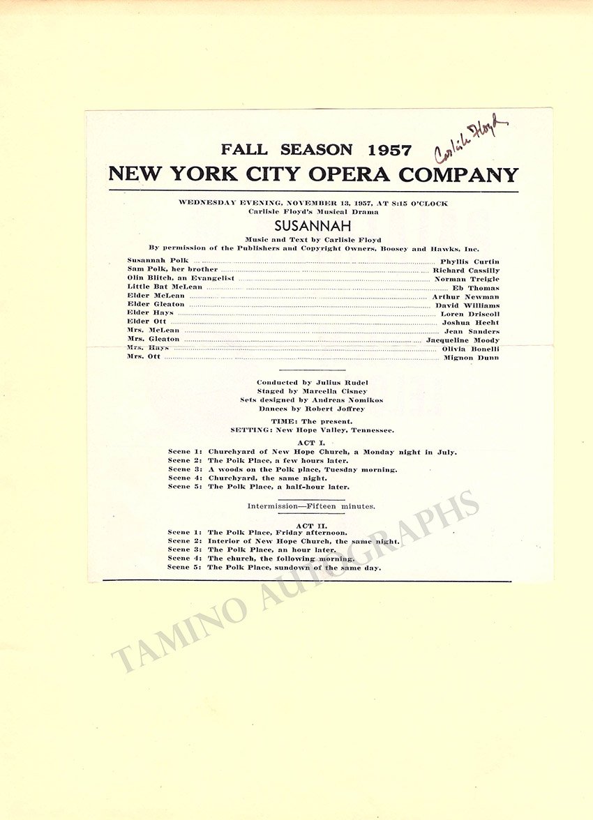 Floyd, Carlisle - Signed Program Clip for "Susannah" 1977
