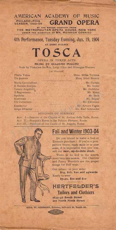 Caruso, Enrico - Ternina, Milka - Playbill Tosca 1904