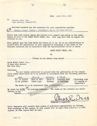 Ives, Charles - Document Signed 1940