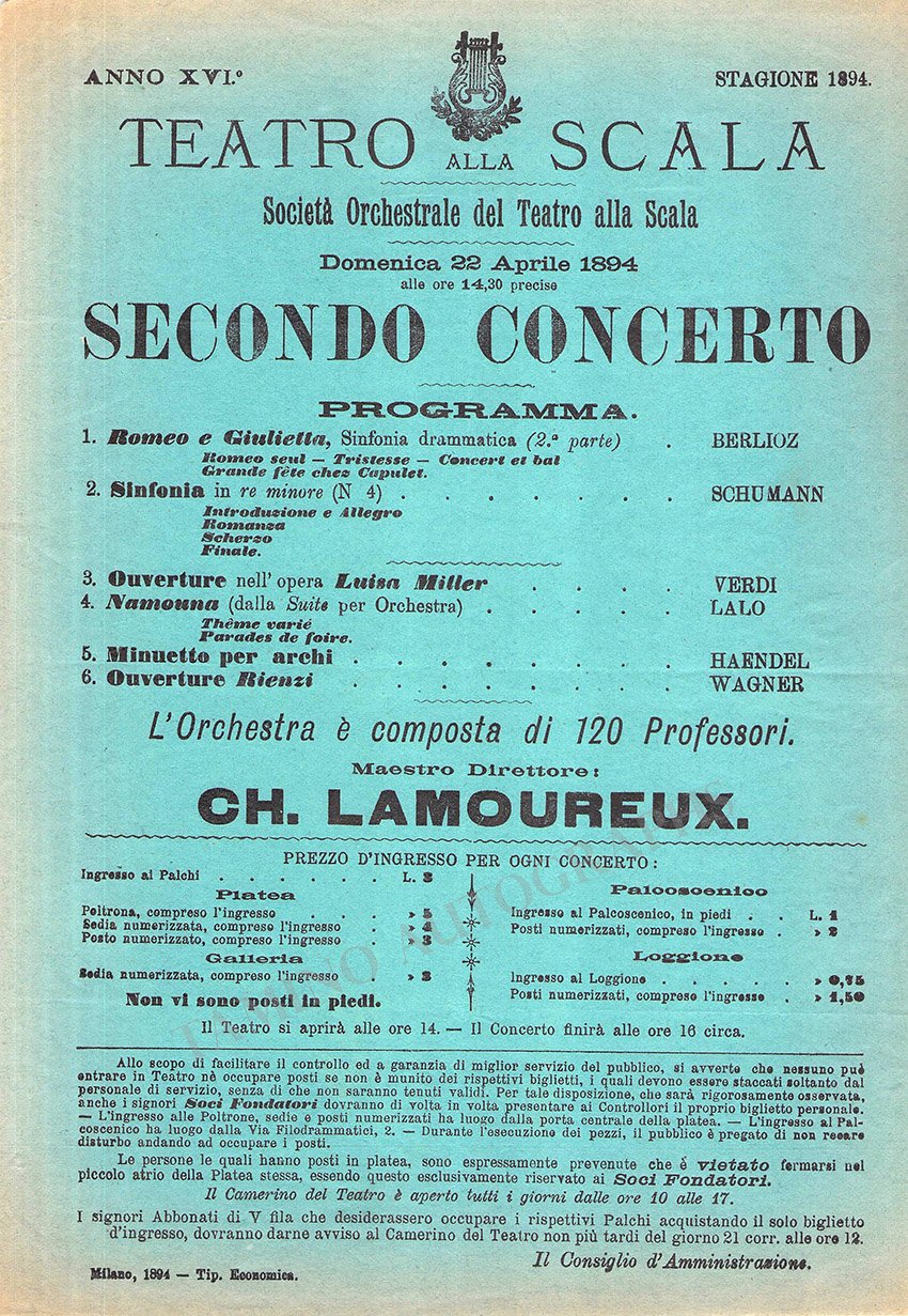 Lamoureux, Charles - Set of 3 Programs La Scala 1894 - Tamino