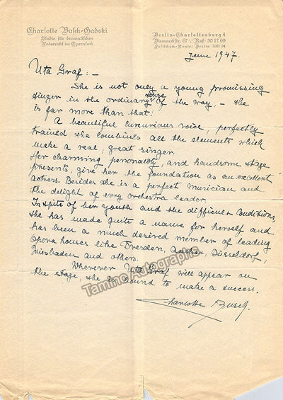 Busch-Gadski, Charlotte - Autograph Letter Signed