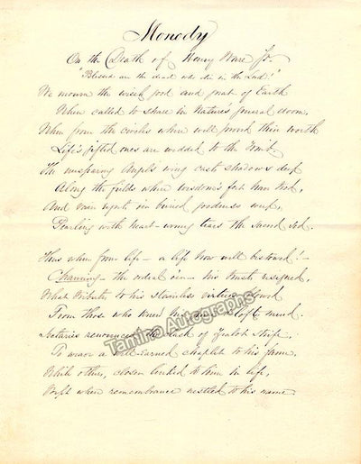 Cushman, Charlotte - Autograph Poem Manuscript 1852
