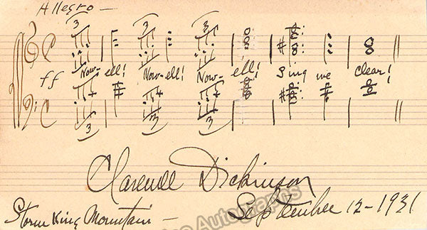 Dickinson, Clarence - Autograph Music Quote Signed 1931