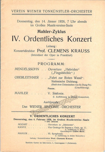 Krauss, Clemens - Concert Program Vienna 1926