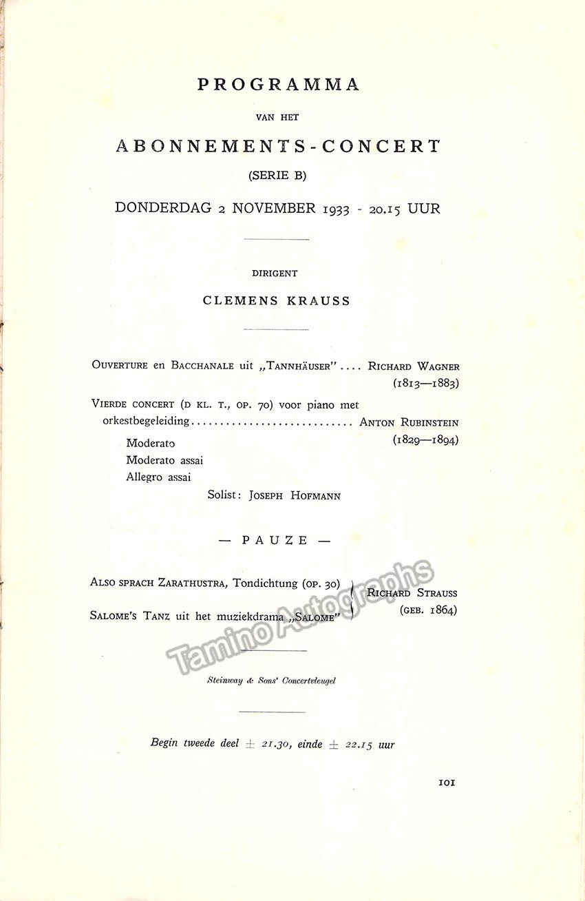 Hofmann, Joseph - Concert Program Amsterdam 1933 - Clemens Krauss - Tamino