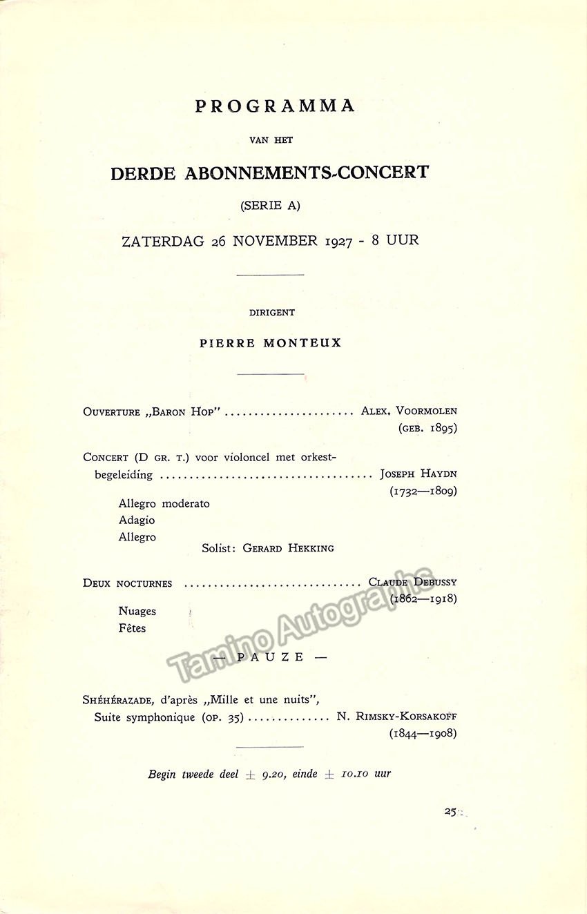 Hekking, Gerard - Concert Program The Hague 1927 - Pierre Monteux