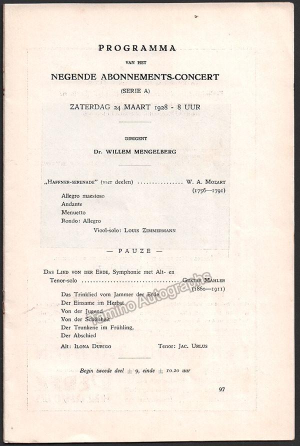 Zimmermann, Louis - Concert Program Amsterdam 1928 - Willem Mengelberg