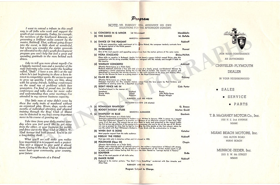 Rubinoff, David - Signed Program Miami 1951