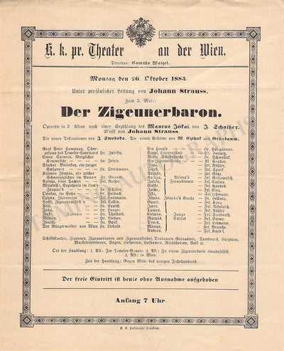 Strauss II, Johann - Playbill "The Gypsy Baron"