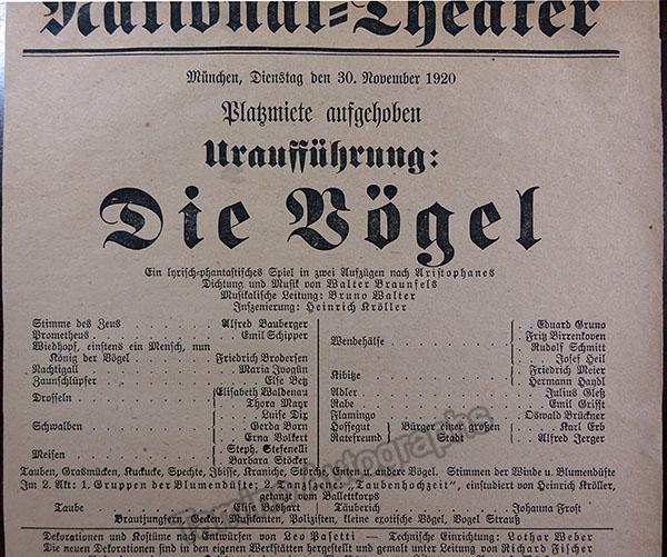 Die Vögel - World Premiere Playbill with Bruno Walter 1920 - Tamino