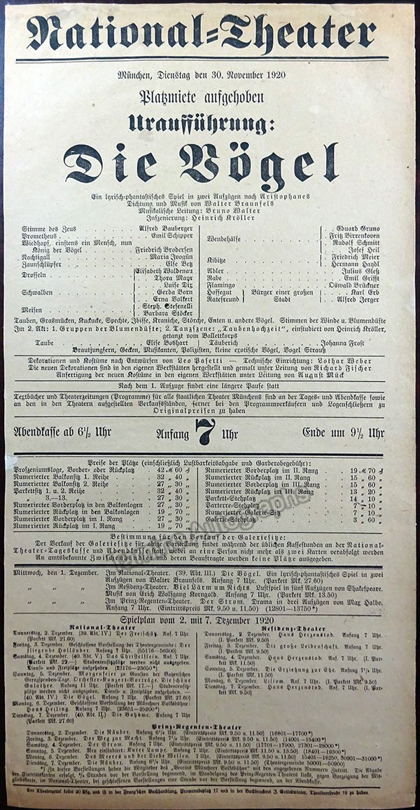 Die Vögel - World Premiere Playbill with Bruno Walter 1920