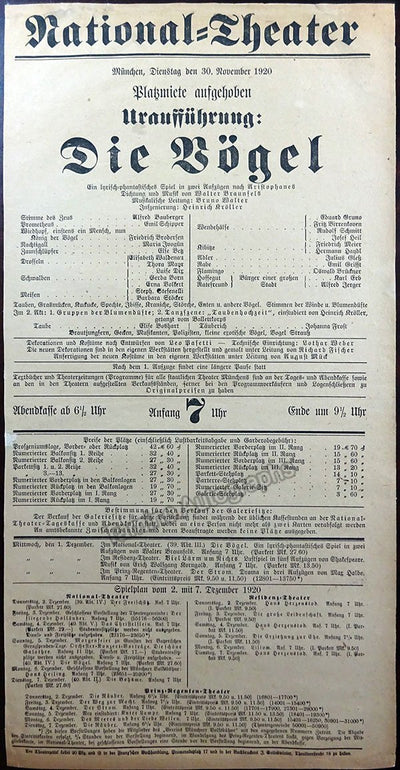 Die Vögel - World Premiere Playbill with Bruno Walter 1920